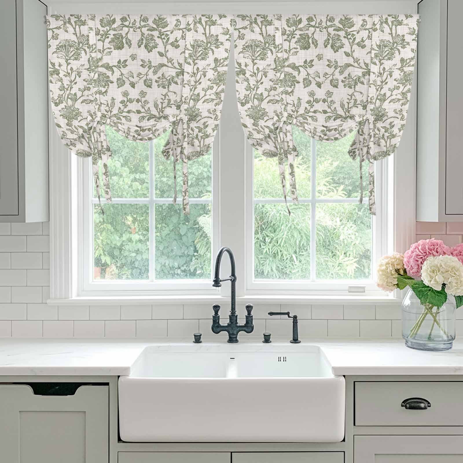 Pastoral Flowers Tie Up Curtains, Green Flower Vintage Linen Texture Adjustable Rod Pocket Balloon Curtains Light Blocking Window Treatment for Kitchen Living Room Bedroom, 34 × 45 In