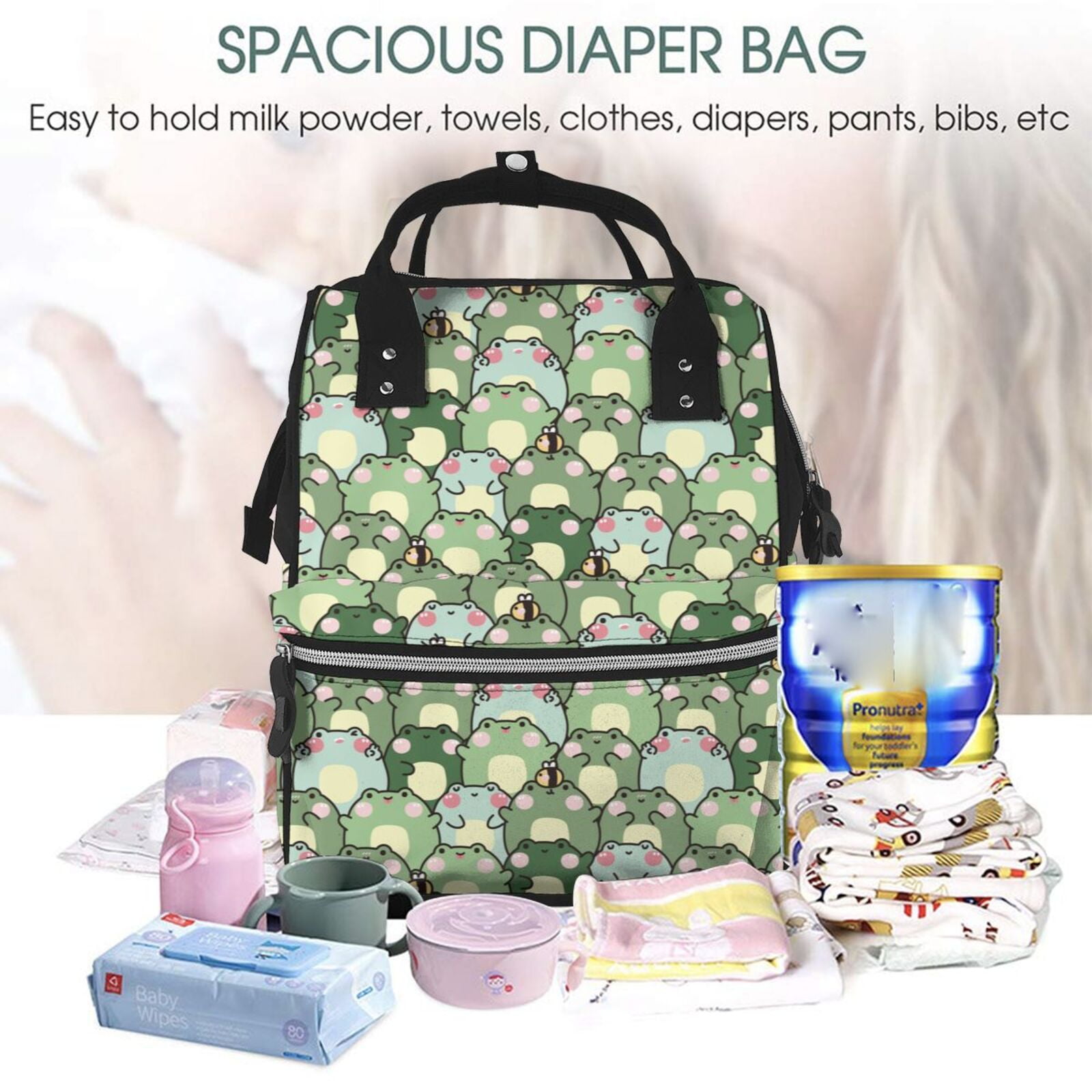 Ratiio Cute Frog Mummy Backpack - Waterproof Twill Canvas, Large Capacity Diaper Bag with Multiple Pockets and Adjustable Straps