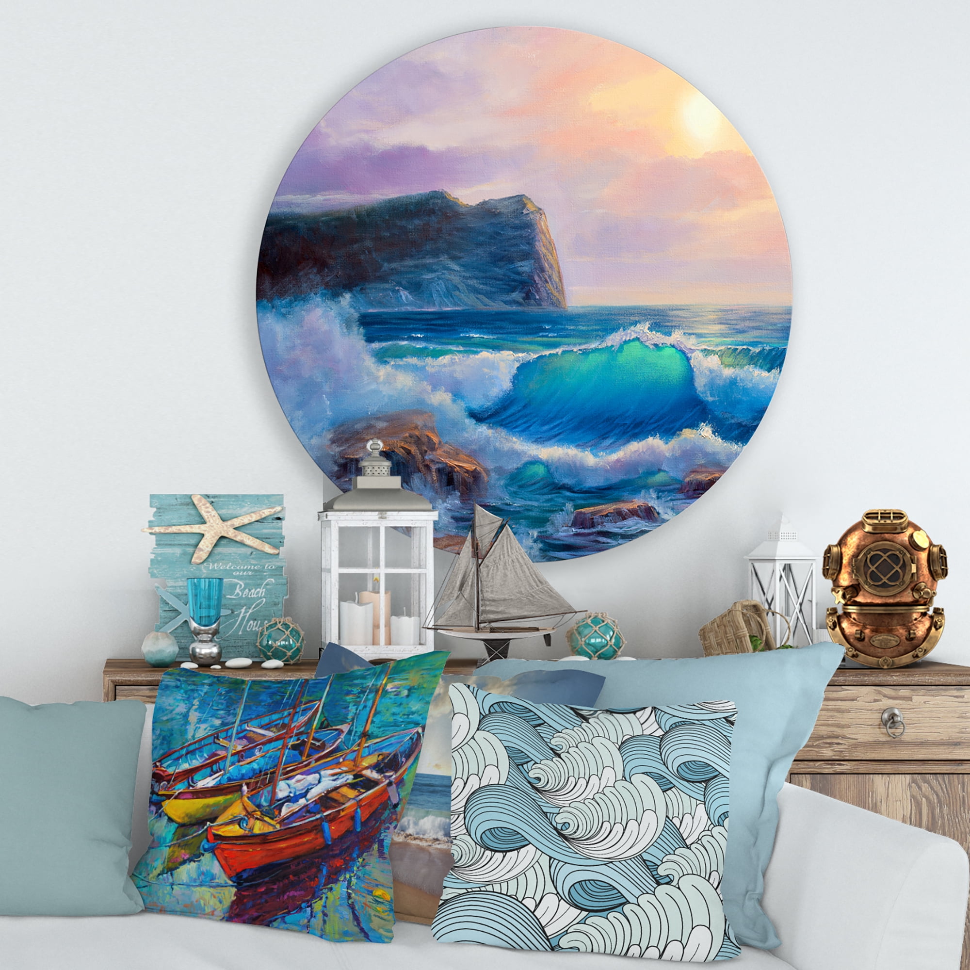Designart 'Blue Waves Breaking At The Beach Landscape III' Nautical & Coastal Circle Metal Wall Art 29x29 - Disc of 29