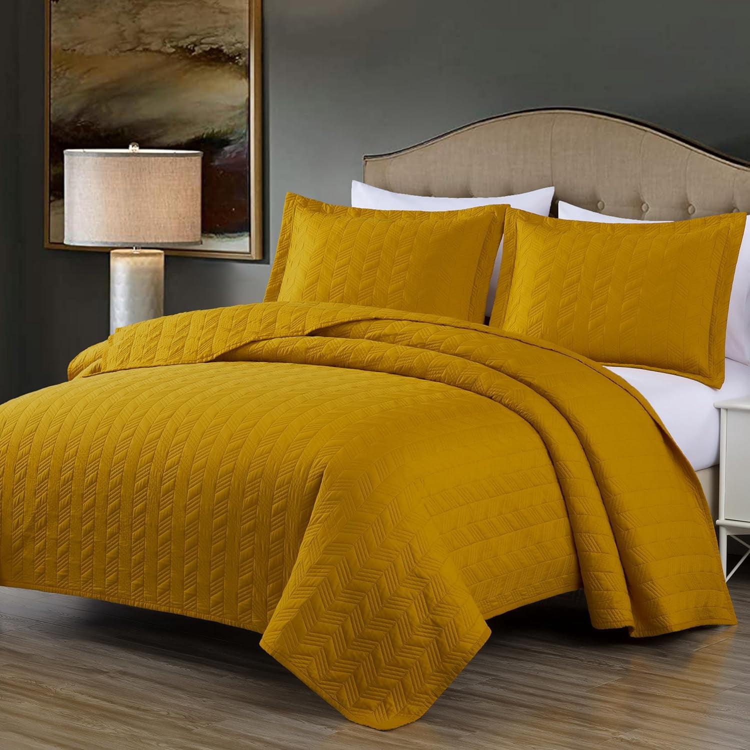 Chezmoi Collection Roswell Geometric Striped Solid Cotton Lightweight Quilt for All Seasons, 3-Piece Quilt Set, Queen, Mustard Yellow