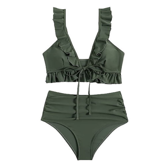 Gswybco Summer Bikini Set for Women 2PC Split Swimsuit Set High Waist Swim Shorts Strappy Adjustable Bathing Swimwear Pleated Bikini Top with Chest Cushion