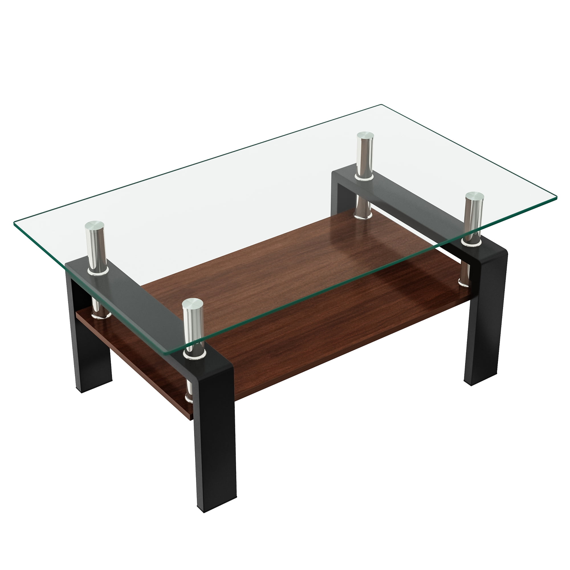 Alvantor Glass Coffee Table, 38.6" Modern Rectangle Tables with Clear Tempered Glass Top and MDF Layer for Living Room Brown