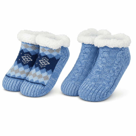Girls Shortie Cabin Socks, 2 Pack, Soft Sole Sweater Knit with Silicone Grippers, BLUE, M/L