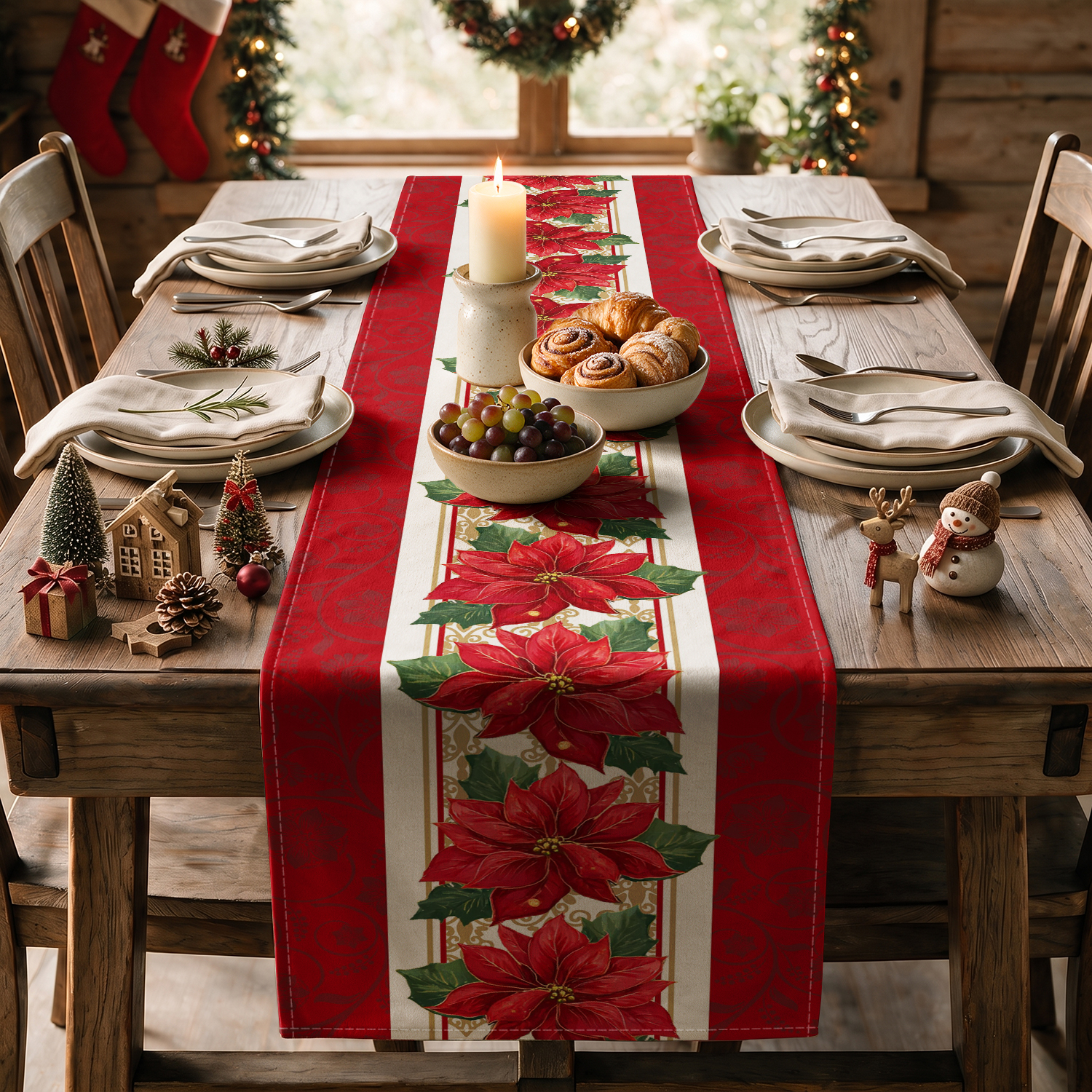 Sm:)e Poinsettia Christmas Table Runner, Red photo 4