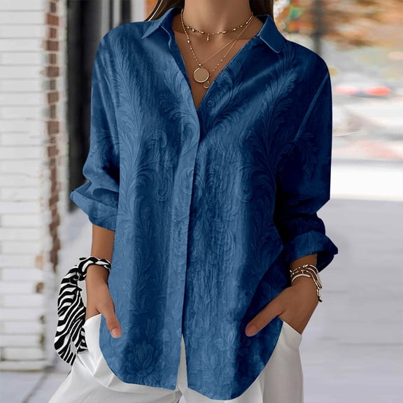 Women's Tonal Floral Long Sleeve Button Down Shirt, Blue