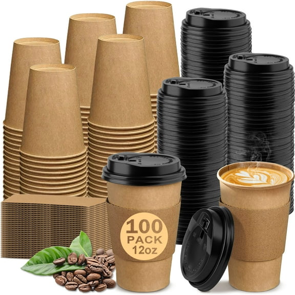 100 Pack 12 oz Paper Coffee Cups, Disposable Coffee Cups with Lids and Sleeves for Home and Cafes.