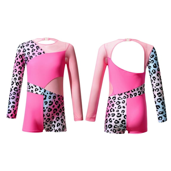 iiniim Kids Girls One Piece Gymnastics Leotard Long Sleeve Ballet Dance Bodysuit Short Unitard Size 4-14 Pink Leopard 12