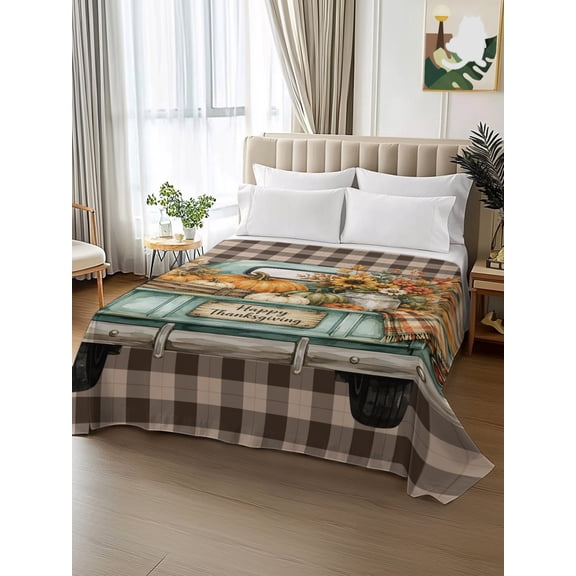 King Size Flat Sheet Only,Happy Thanksgiving Blue Truck Soft Top Bed Sheets Breathable Bedding Sheet Black Plaid Background Microfiber Hotel Luxury Top Sheets
