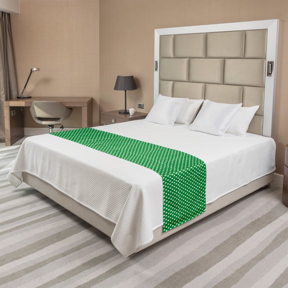 Abstract Green Bed Runner, Polka Dots Repetitive Simple Monochrome Design Geometric Rounds, Decorative Accent Bedding Scarf for Hotels Homes and Guestrooms, Queen, Green and White, by Ambesonne