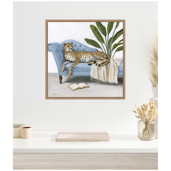 Kate and Laurel Framed Canvas Wall Art Print La Dulce Vida Cheetah by Mackenzie Nelson, 22 x 22 Sylvie Beaded Rustic Natural Frame, Whimsical, Animal Art for Wall Decor