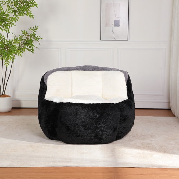 Oversized Bean Bag Chairs,Multicolor Faux Fur Couch Filled with Shredded Sponge,Large Lounger Sofa For Living Room,No Assembly Required , Black White Grey