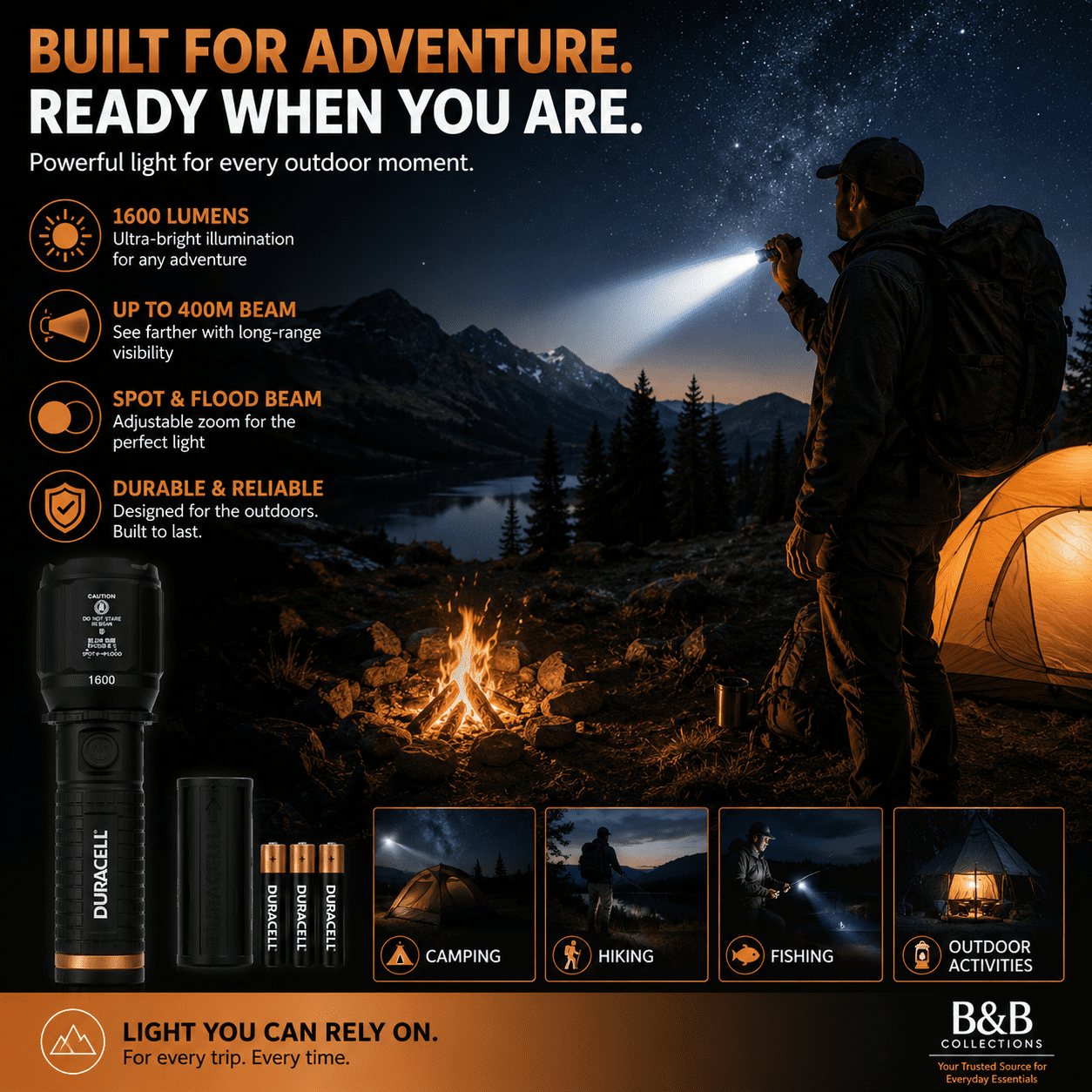 Duracell Durabeam Ultra Hybrid LED Flashlights, 1600 Lumens, USB-C Rechargeable or AAA Battery Powered, Zoom Focus, 3 Pack