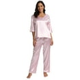 thumbnail image 1 of Women's Summer Satin Pajama Set Short Sleeve V Neck T-shirt with Long Pants 2 Piece Sleepwear Loungewear Pjs Set Soft PJs, S-2XL, 1 of 7