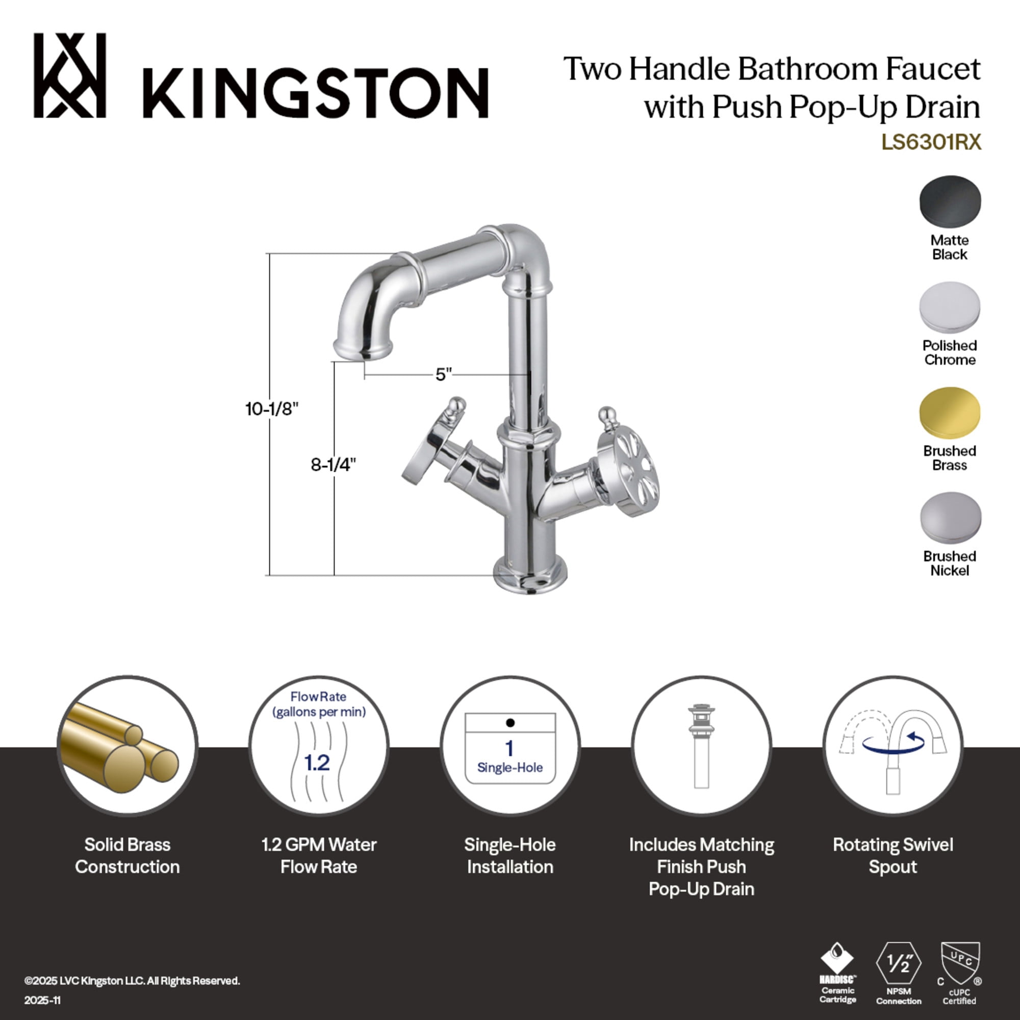 Kingston Brass LS6301RX Belknap Two-Handle Single-Hole Bathroom Faucet with Push Pop-Up Drain, Polished Chrome