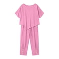 thumbnail image 6 of Womens Summer Cotton Linen 2 Piece Set Short Sleeve Round Neck Tops and Elastic Wide Leg Trousers with Drawstring Plain Lounge Wear Pink S, 6 of 7