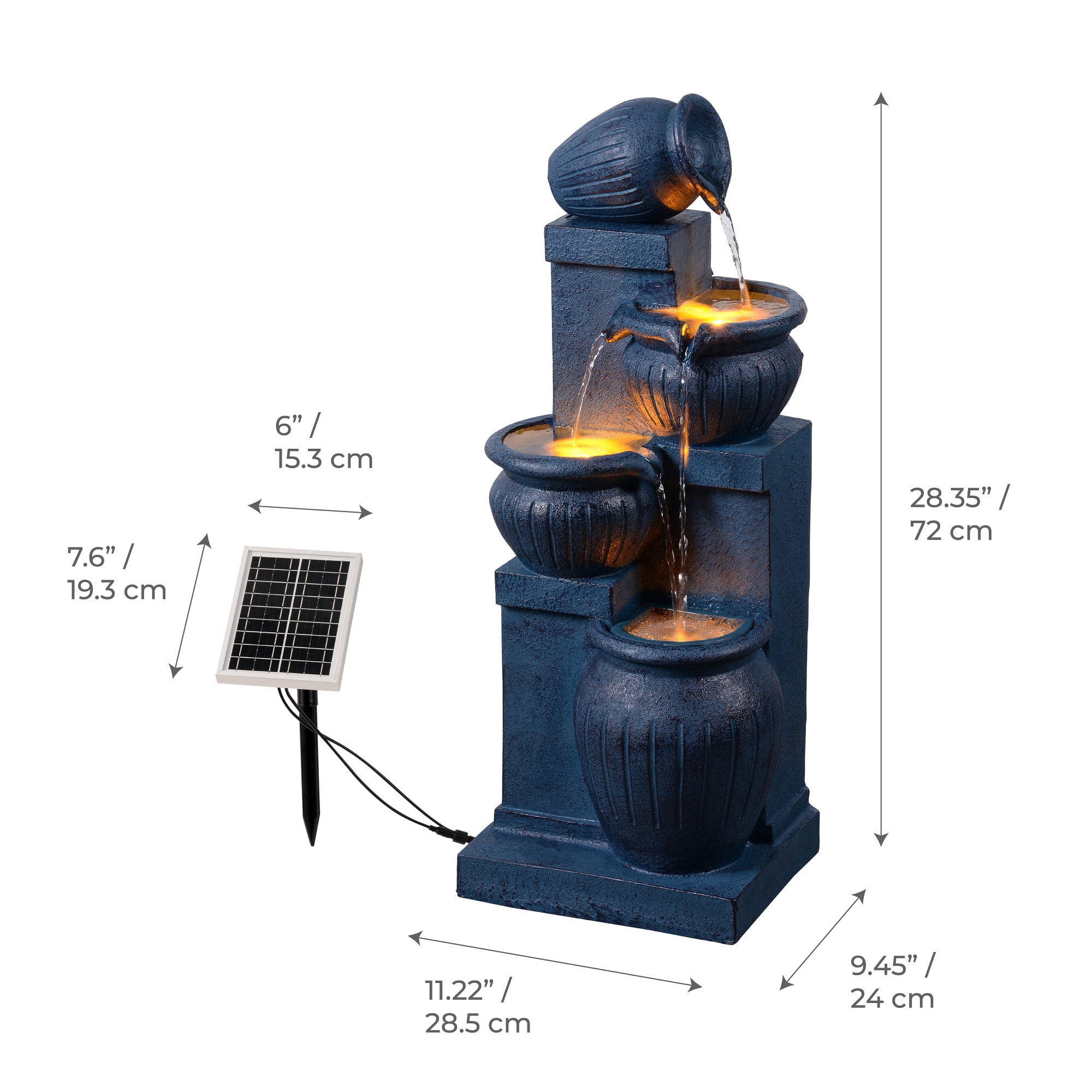 Teamson Home Outdoor 4-Tier Cascading Bowl Water Fountain with LED Lights, Solar-Powered & Adjustable Flow Rate, Navy