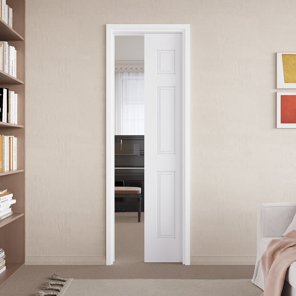 24" x 80" 6 Panel Pocket Door with Soft Close, Molded Solid Core Door Panel & Pocket Door Hardware & Frame, Bathroom Door, Bedroom Door, Pre-finished & Paintable, White