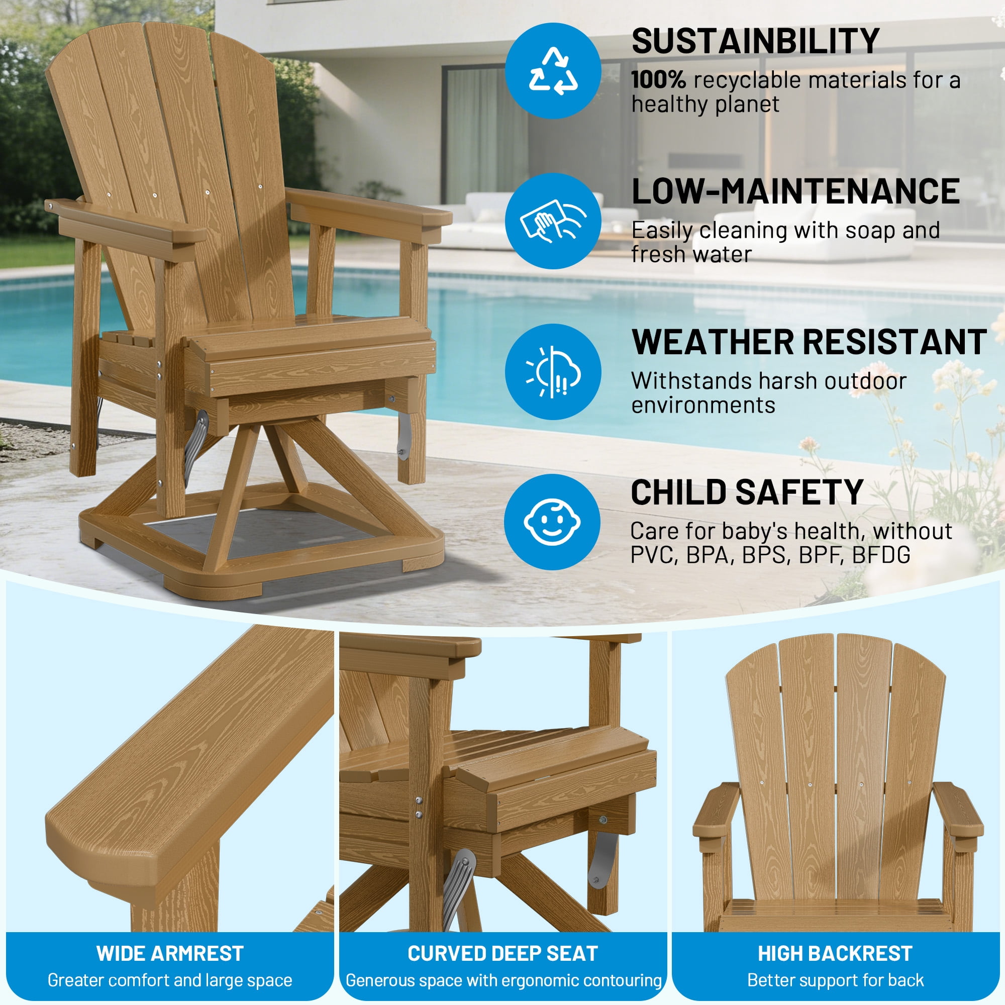Easthome 360°Swivel Glider Adirondack Chair All-Weather HDPE Outdoor Rocking Chair with Ergonomic Backrest, Outdoor Swivel Rocker for Patio, Porch & Deck - Brown