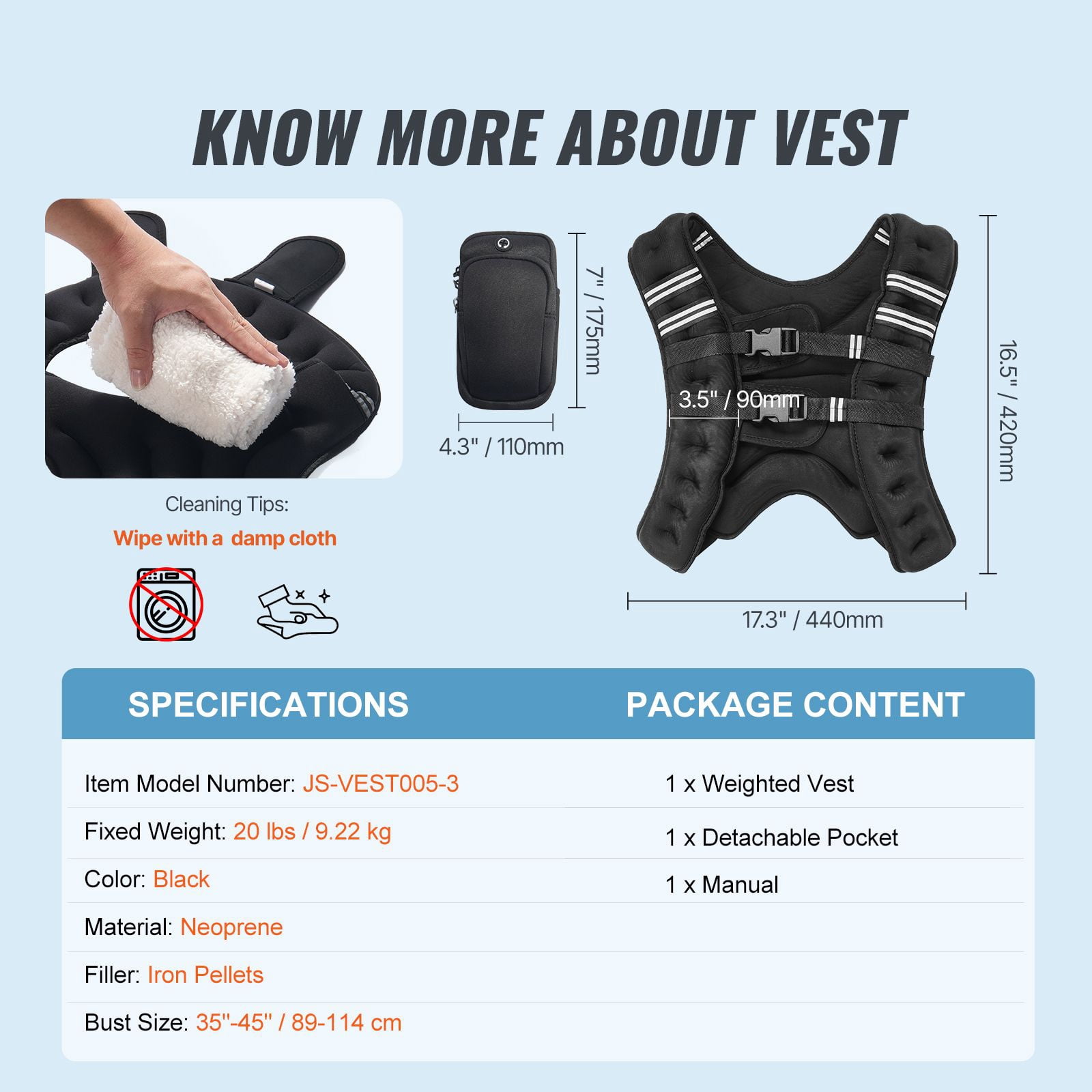 20-Pound Weight Vest with Reflective Stripes, Adjustable Buckles for Men and Women, Strength Training Running Jogging Fitness Weight Loss Equipment