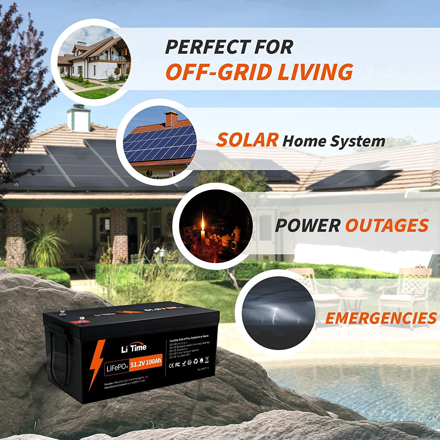 LiTime 48V 100Ah LiFePO4 Battery 100A BMS Group 8D Lithium Battery Max. 5120W for Solar RV off-Grid