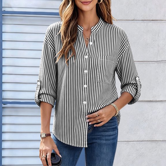 ClodeEU Women's Stand Collar V Neck Button Down Roll Tab Long Sleeve Striped Shirt,Casual Loose Blouse Top Black,Women's Plus L