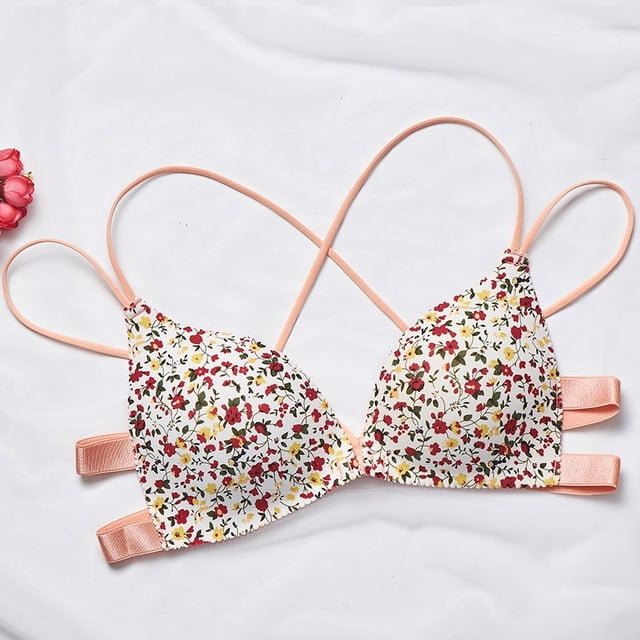 Women Floral Print Bra Front Buckle Seamless Bra Cross Back Push Up