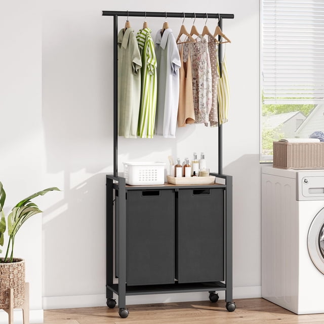 Towallmark Laundry Sorter Cart With Hanging Clothes Rack, Removable Drying Rack & Lockable Rollers, Space Saving Laundry Basket Organizer With Hanger
