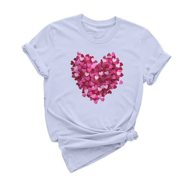 Dealovy T-Shirts pour Femmes Manches Courtes Col Rond Mignon Cœur Imprimé Couleur Unie Décontracté Été T-Shirts Unis