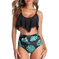 thumbnail image 1 of Women High Waisted Bikini Ruffle Swimsuit Flounce Pom Pom Trim Two Piece Bathing Suit Black Leaves (L, 1 of 6