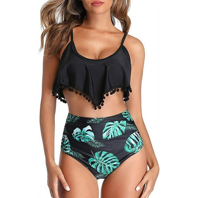 Women High Waisted Bikini Ruffle Swimsuit Flounce Pom Pom Trim Two Piece Bathing Suit Black Leaves (L