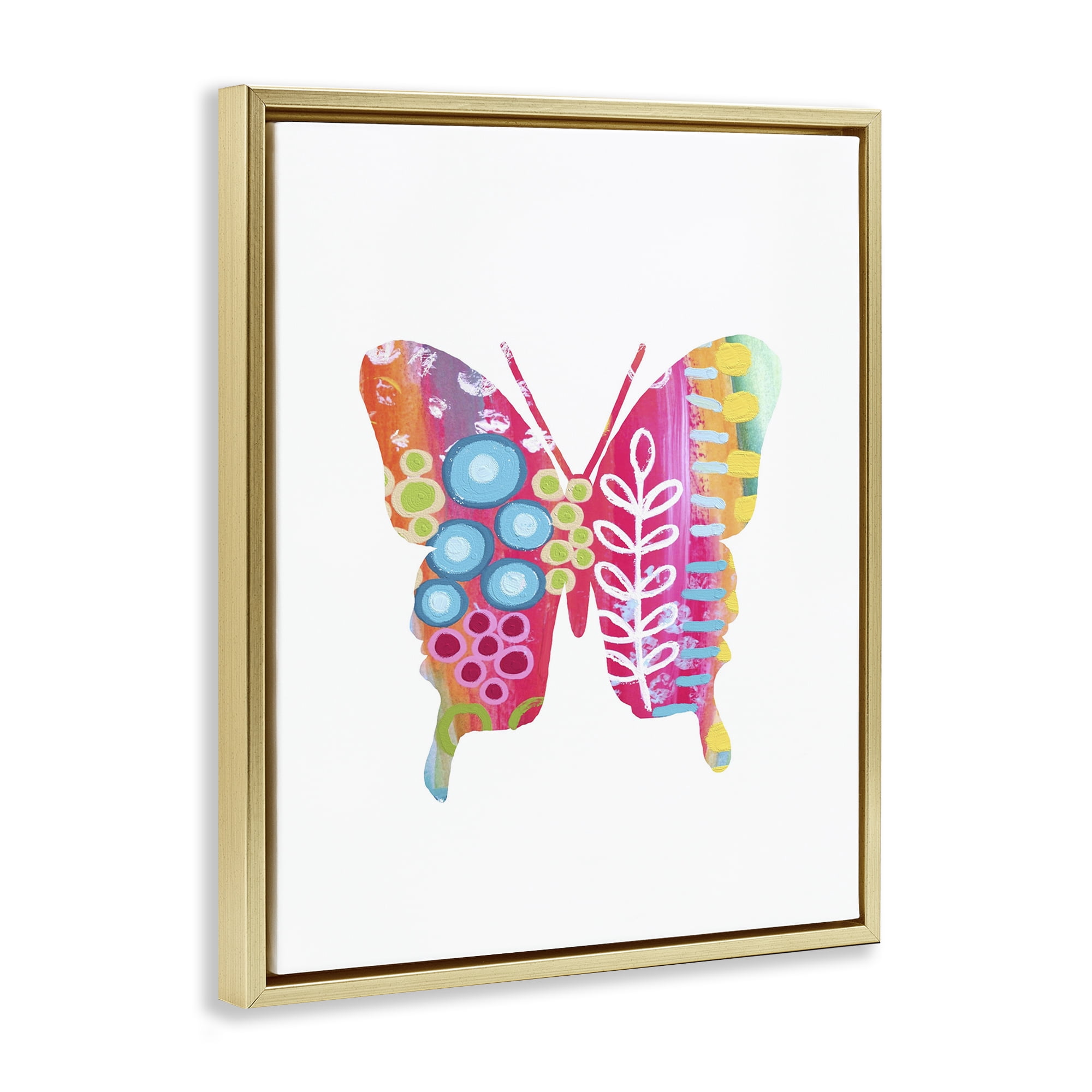 Stupell Industries Pink Florals Butterfly Animals & Insects Painting Gold Floater Framed Art Print Wall Art, 17 x 21