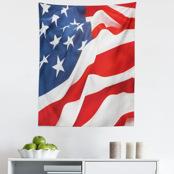 4th of July Tapestry, Patriotic Design Close Up Image of American National Flag Art Print, Fabric Wall Hanging Decor for Bedroom Living Room Dorm, 5 Sizes, Off White Multicolor, by Ambesonne