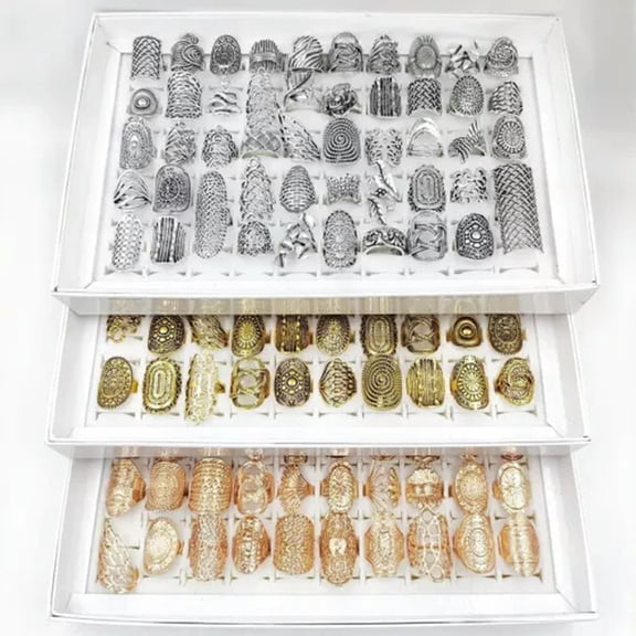 HOOUN 20Pcs/Lot Vintage Hollow Rings Women Charm Carved Flower Silvery Golden Fashion-50pcs Opp Bag-gold