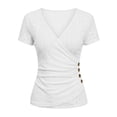 thumbnail image 2 of OGLCCG Womens Summer Wrap Tops Casual Eyelet V Neck Short Sleeve Ruched Shirts Comfy Button Slim Fit Basic Beach Tee Blouses,M,White, 2 of 8