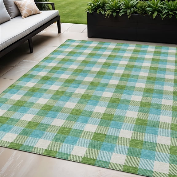 HomeRoots 601405 5 x 8 ft. Lime Green, Aqua & Beige Plaid Washable Indoor & Outdoor Rectangle Area Rug