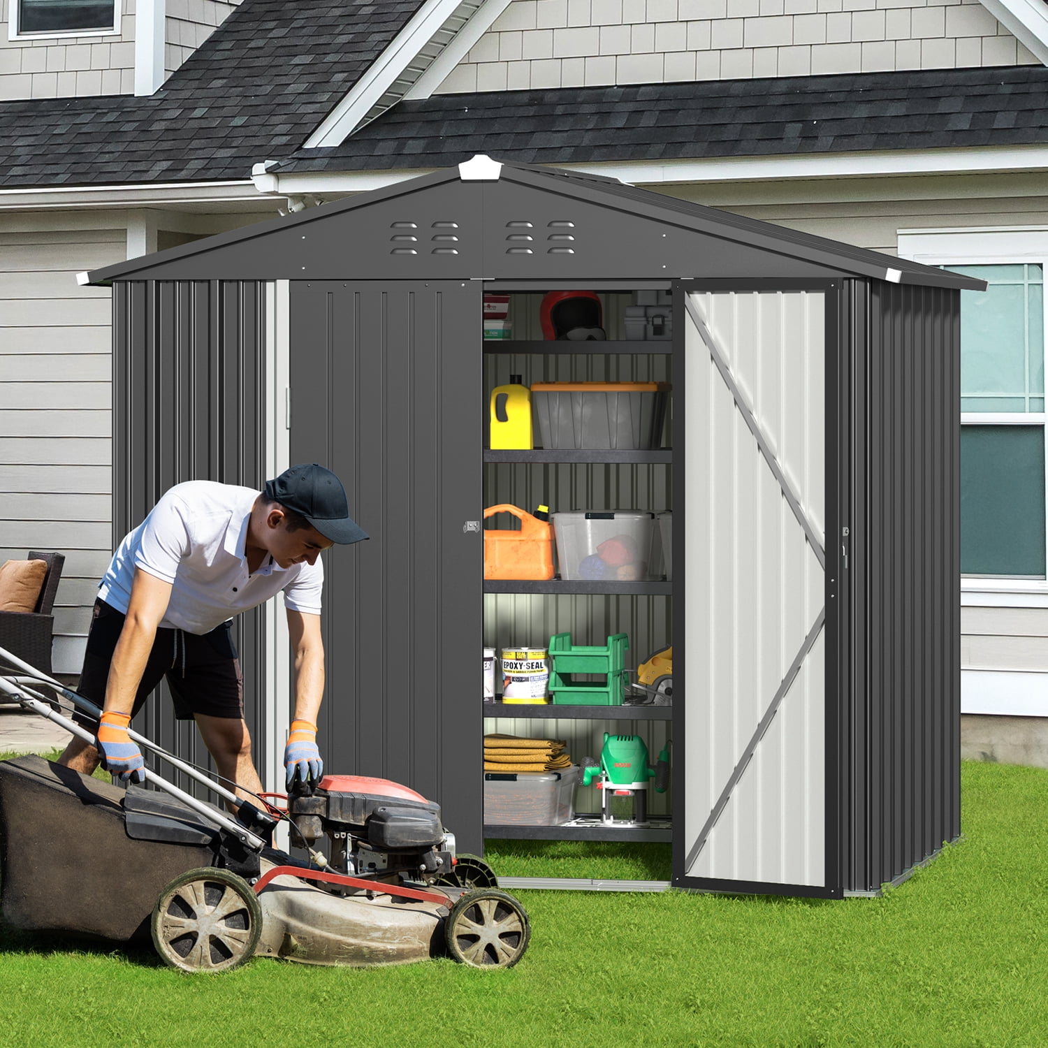 6x4FT Metal Outdoor Storage Shed, Garden Tool Shed with Lockable Doors & Slooping Roof for Backyard,Patio,Dark Grey
