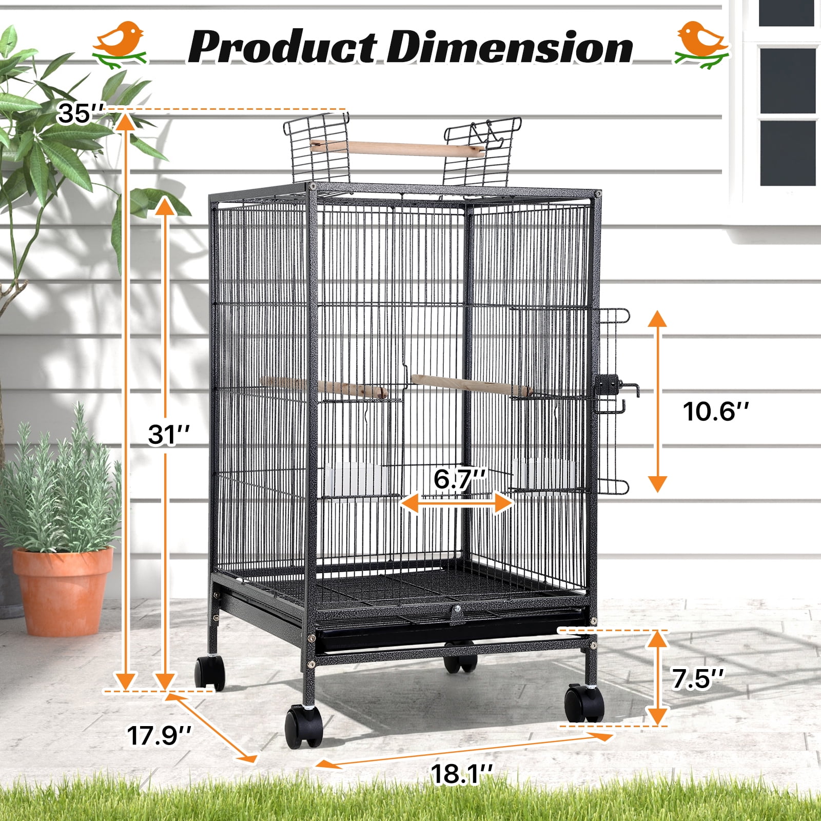 NiamVelo Bird Cage 35 Inch Wrought Iron Flight Birdcages for Cockatiels Parakeets Pigeons Parrot Lovebird with Rolling Stand Bird Playground, Black