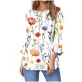 thumbnail image 3 of lcziwo Women's 3/4 Length Bell Sleeve Tops Dressy Casual Button V Neck Shirts Loose Fit Pleated Blouses Tunic Boho Floral Print Pullover Green S, 3 of 6