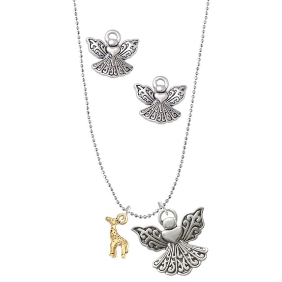 Delight Jewelry Goldtone Mini Giraffe Silver tone Guardian Angel Charm Necklace and Stud Earrings