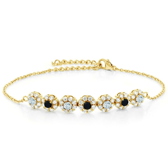 Gem Stone King 18K Yellow Gold Plated Silver Sky Blue Aquamarine and Black Onyx Tennis Bracelet for Women (1.91 Cttw, Gemstone March Birthstone, 7 inch with 2 inch Extender)