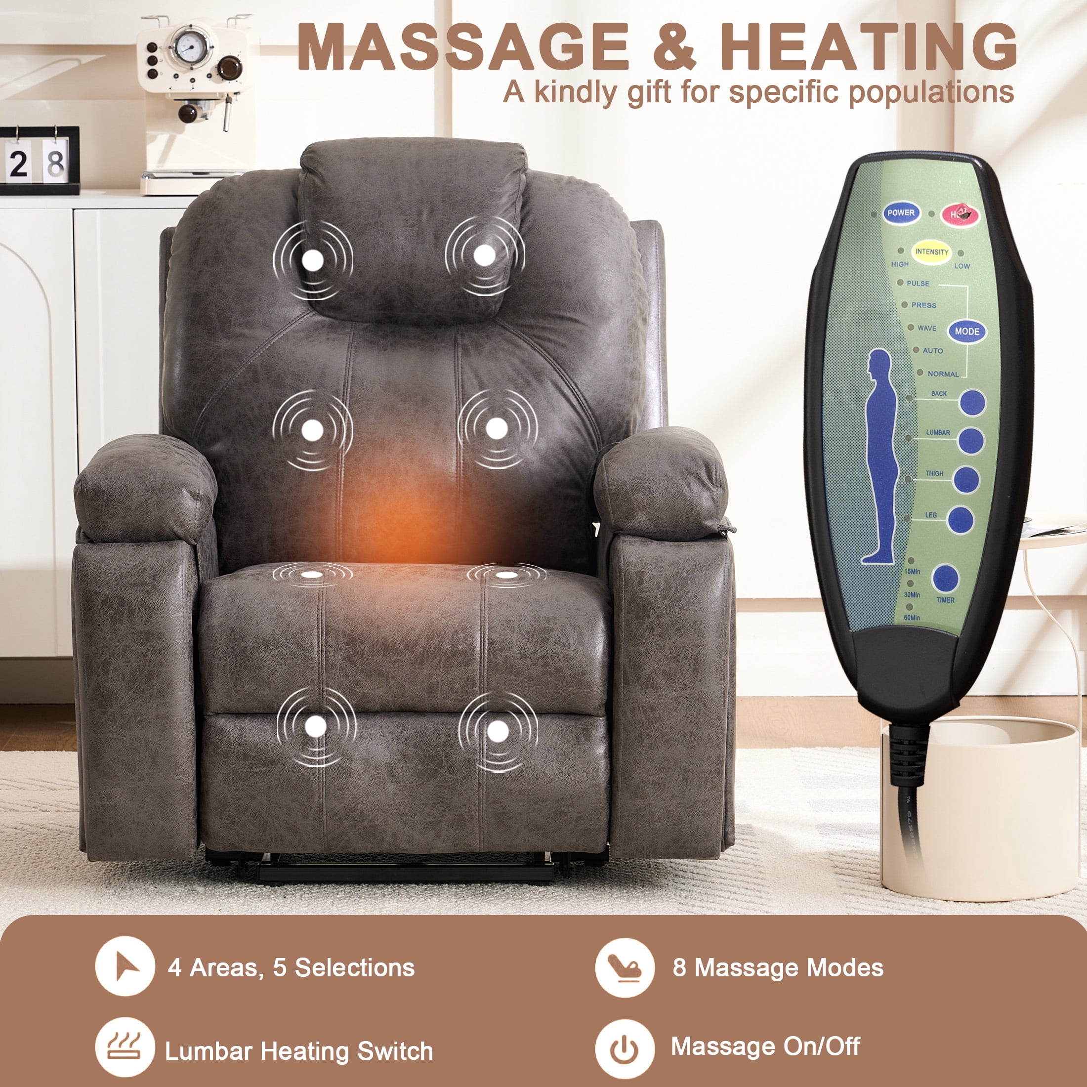 Aukfa Power Lift Recliner Chair w/ Massage & Heat for Elderly, Overstuffed Recliners,Concealed Cup Holder,Gray'