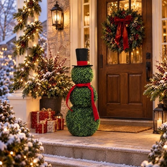 Snowman Topiary Christmas Decoration, Artificial Boxwood Snowman with Red Bow & Santa Hat, Ready-to-Display Indoor Outdoor Holiday Decor,Green,25.59'',vintage decor