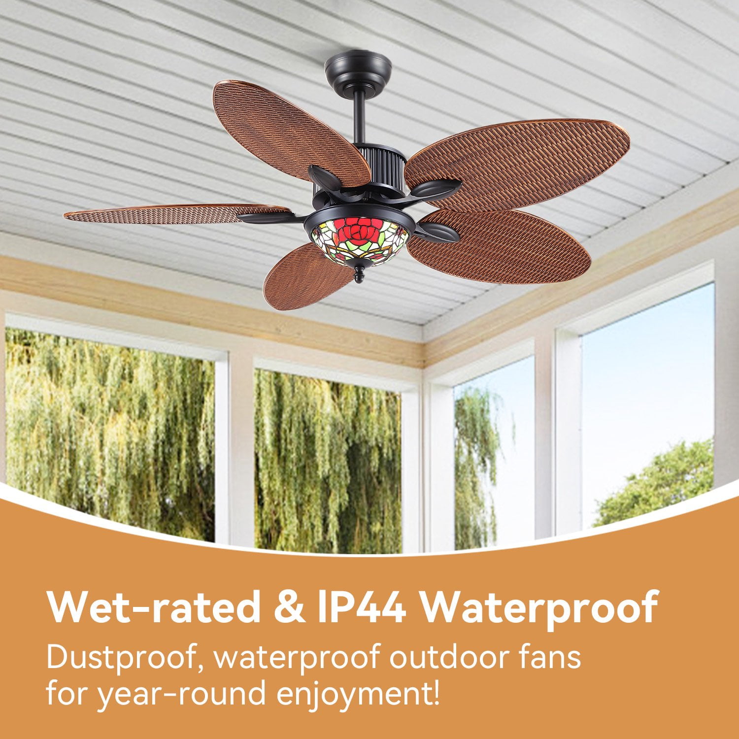 BayDay 48 Inch Tropical Ceiling Fan with Lights & Remote Control, APP Operable, 6 Speeds, Dimmable LED, Reversible Palm Leaf Fan for Bedroom, Living Room, Patio, Porch, Modern Black