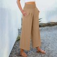 thumbnail image 6 of Delayuji Women's Casual Pants Solid Color Cropped Pants High Waisted Straight Leg Pants Wrinkled Style Elastic Beach Pants Spring Summer, 6 of 7