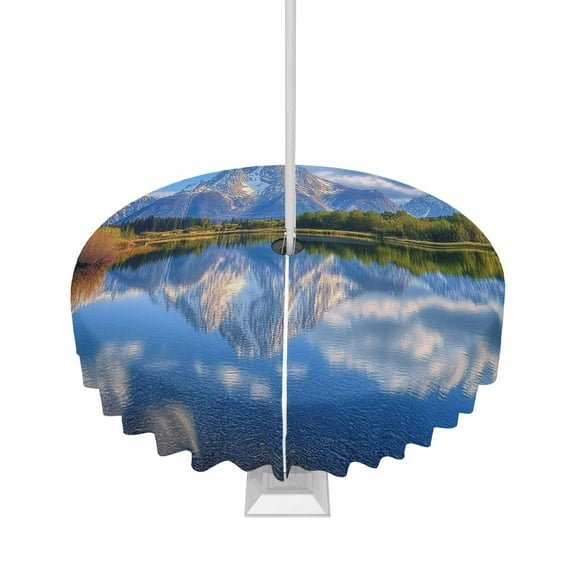 Fsddascl Blue Mountain Outdoor Tablecloth - 54 Inch Round Dining Table Cover, Modern Art Green Forest Lake Waterproof Outdoor Table Cloth with Umbrella Hole & Zipper for Picnic/Patio/Party