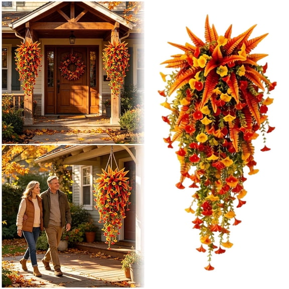Artificial Fall Hanging Teardrop Floral Arrangement, 29.5 Inch Autumn Silk Flower Swag for Front Door Porch Garden Thanksgiving Home Decor
