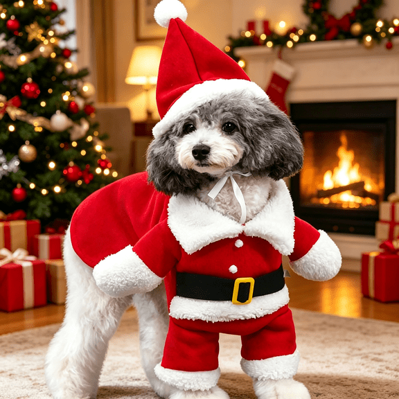 Christmas Dog Santa Costume Outfit ,Funny Dog Clothes, Santa Claus Hat, Easy Pullover, Slight Stretch, Soft Warm Fabric, Adjustable Band, for Xmas Party New Year