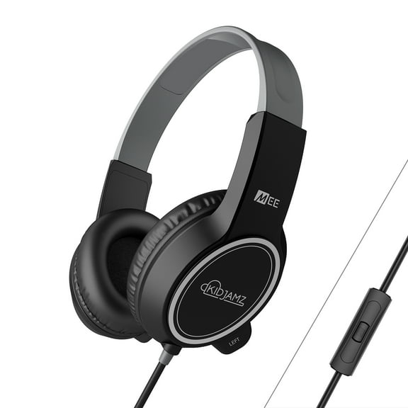MEE audio KidJamz 3 Kids Safe Listening Headphones with Volume Limiter & Built-in Microphone, Adjustable On-Ear Headset w/ 3.5mm Jack & Tangle-Free Cord for Online Learning/School/Travel/Tablet(Black)