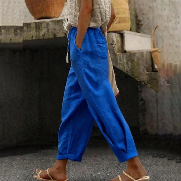 Women's Cotton Linen Pants, Elastic Drawstring Waist Casual Solid Color Trousers with Side Pockets, Spring Summer Lounge Pants for Women, Comfortable Daily Wear Pants Blue L
