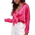 thumbnail image 2 of SAYOO, camisa de manga larga de seda satinada para mujer, camisa con cuello en V y botones, camisa informal con solapa de hombros caídos, blusa sedosa para trabajo y oficina SAYOO Ocio, 2 of 3